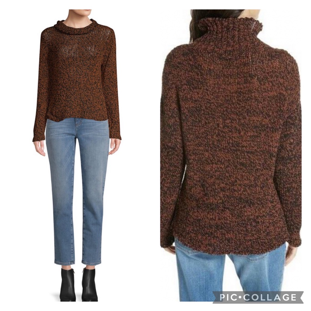 Nwot Eileen Fisher Marled Organic Cotton Blend Funnel-Neck Sweater In Nutmeg
